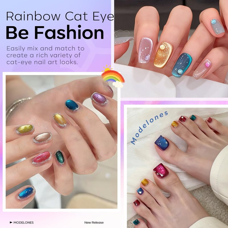 modelones 12Pcs 15ML Cat Eye Gel Nail Polish Set, Same Color Same Bottle Summer Green Blue Yellow Pink Red Purple Cateye Gel Polish Set with Magnet Sparkle Series Hema-free Gel Polish Kit Nail Art