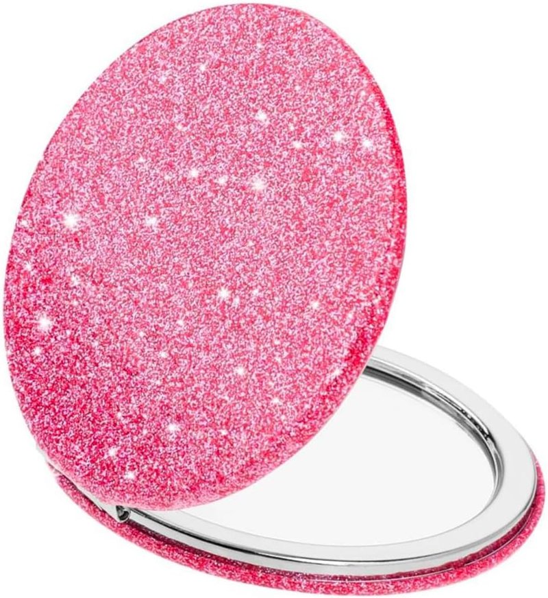 Compact Pink Makeup Mirror - Portable 2x Magnification with Glitter | Travel Essential for Women