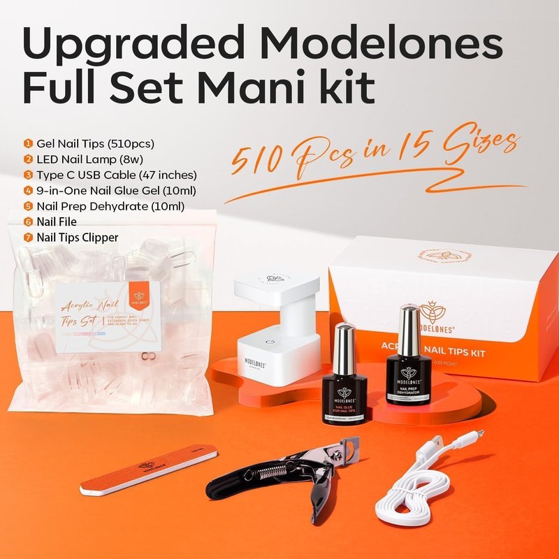 Modelones X Nail Gel Kit - 15 Sizes Almond Fake Nails with 9-in-One Glue & Mini UV Light | 510 Pcs Medium Almond Tips for DIY Salon Use
