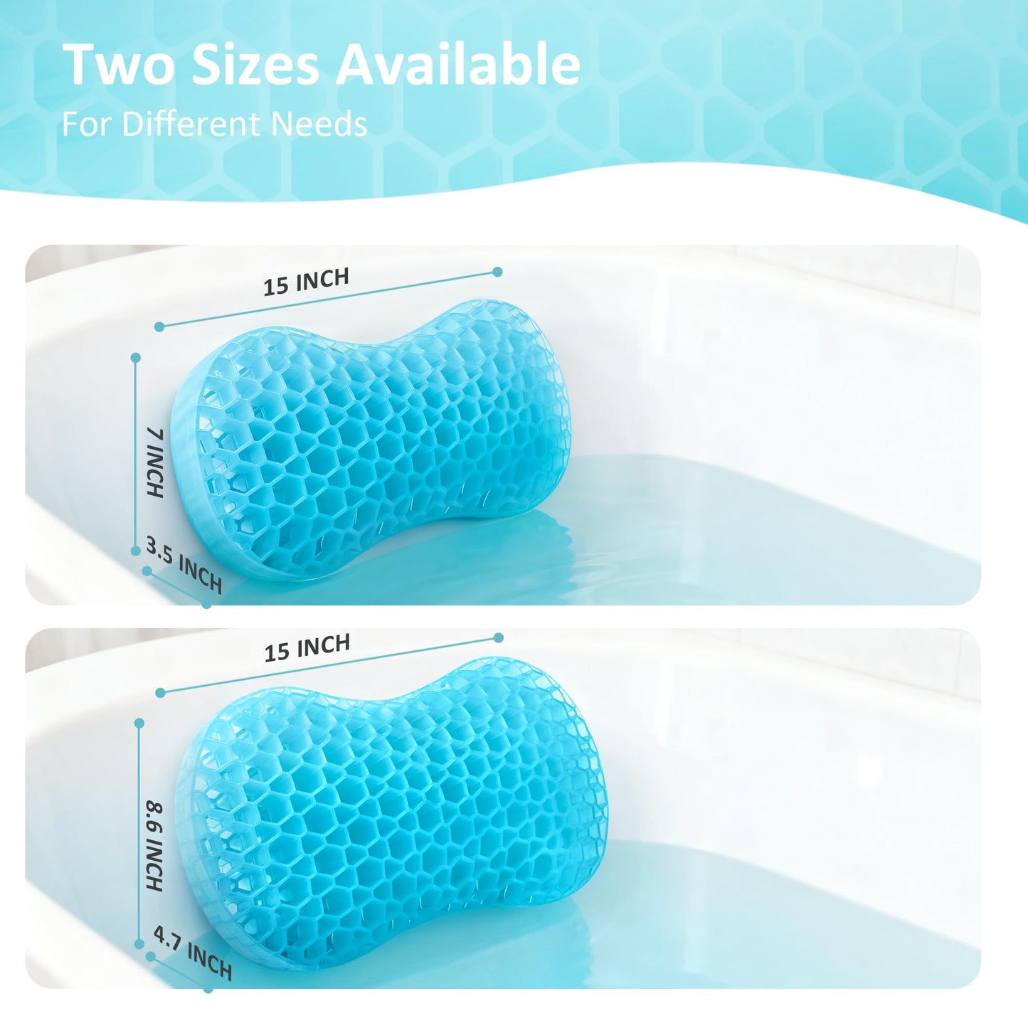 Sunlit Bath Jello Gel Bath Pillows, Lumbar Pillow for Bathtub, Back Support Pillow, Gel Pillow with Non-Slip Suction Cups for Lumbar, Back Rest Support, Fits Curved or Straight Back Tubs, Aqua