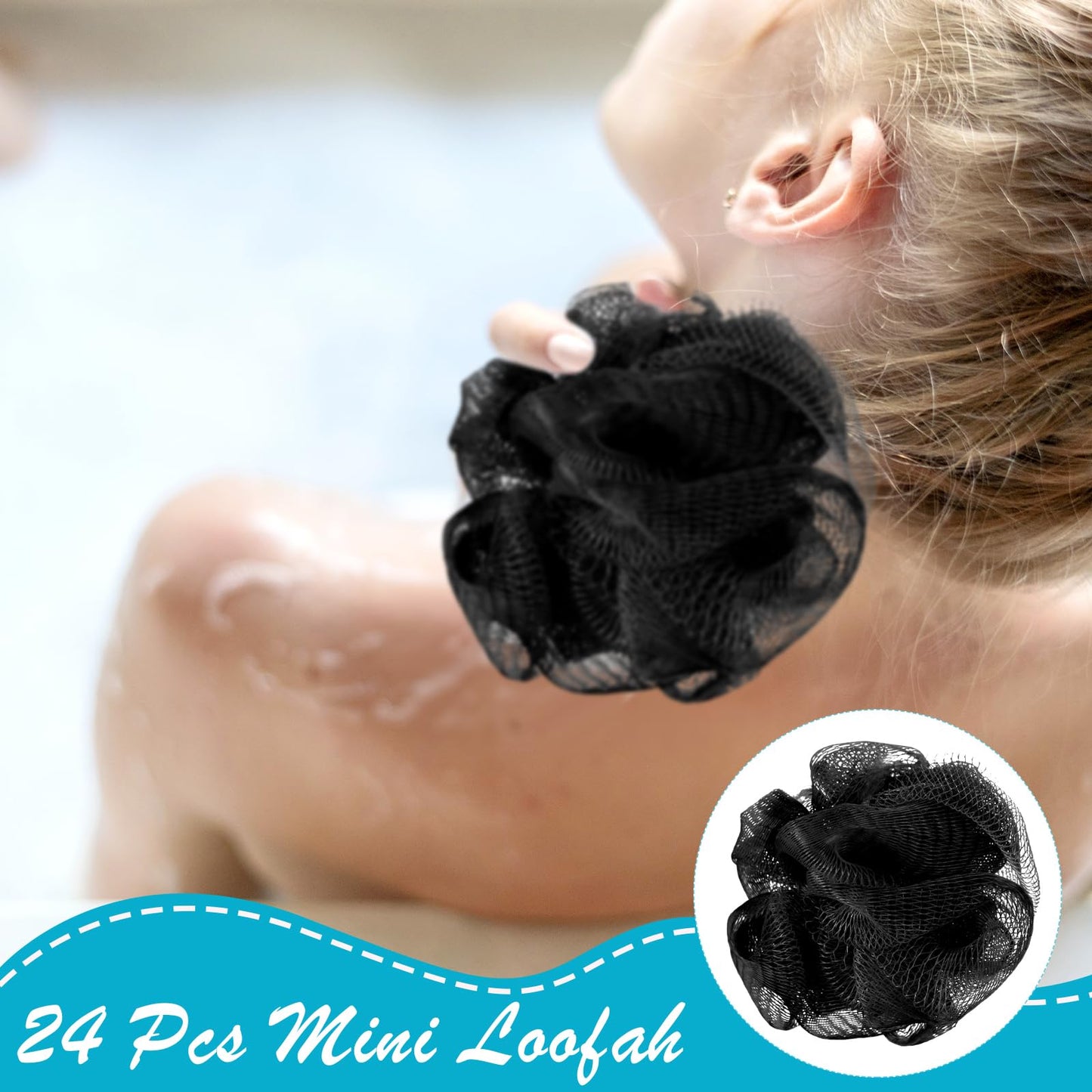 Shellwei 24 Pcs 3 Inch Mini Loofah Travel Size Bulk Shower Sponge Pouf Mesh for Women Kids Men Exfoliating Body Scrubber Baby Shower Favor(Black)