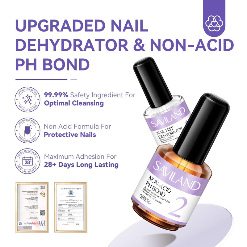 Saviland Nail Dehydrator and PH Bond Set - 15ml* 4 Nail Prep Dehydrate and Acid-free Bond, No Burn Fast Air Dry Nail Prep Set for Superior Bonding Long-Lasting Gel Polish Acrylic Powder
