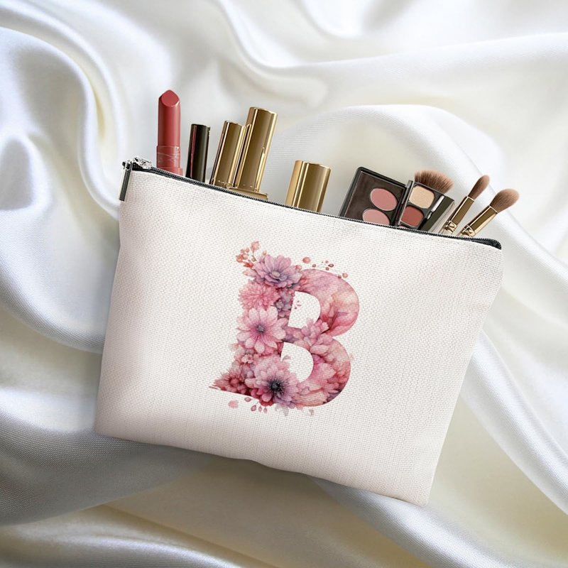 DHKG Initial Makeup Bag Personalized Cosmetic Bag Monogrammed Gifts for Women Girl Bride Teacher Travel Organizer Zipper Pouch Teacher Gifts Mothers Day Birthday Bridal Shower Gifts, Pink Letter B