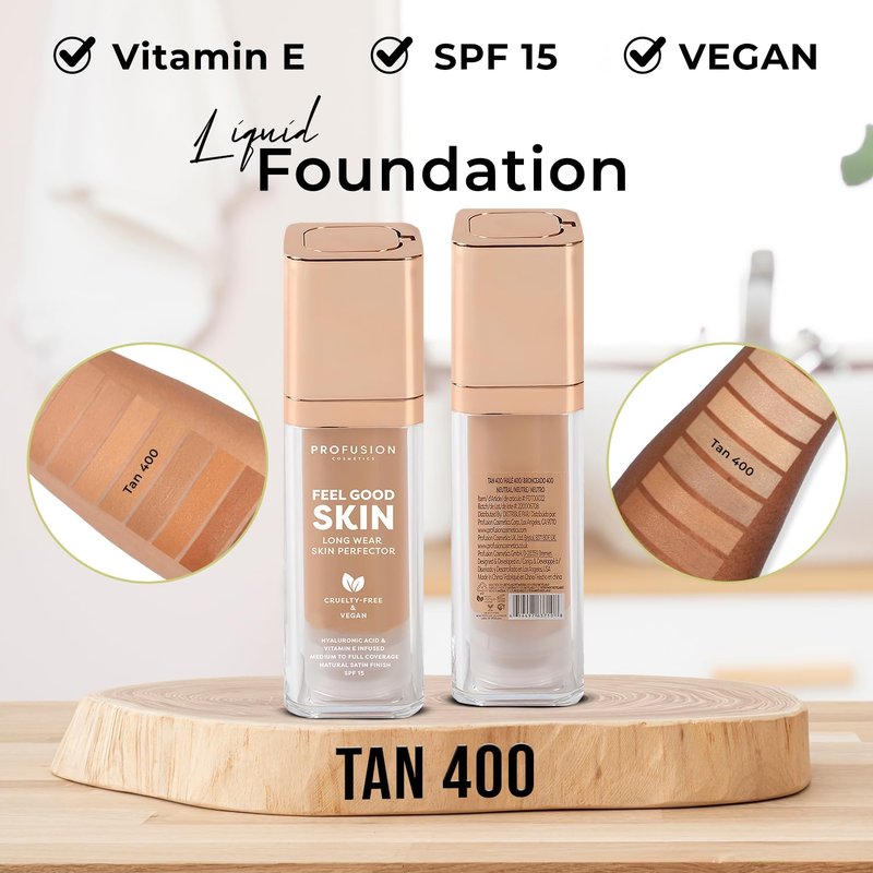 Profusion Cosmetics Feel Good Skin Foundation – Radiant Satin Finish, Buildable Coverage with SPF 15 Sun Protection, Hydrating, Lightweight, Vegan & Cruelty-Free Makeup (Tan 400, 1)
