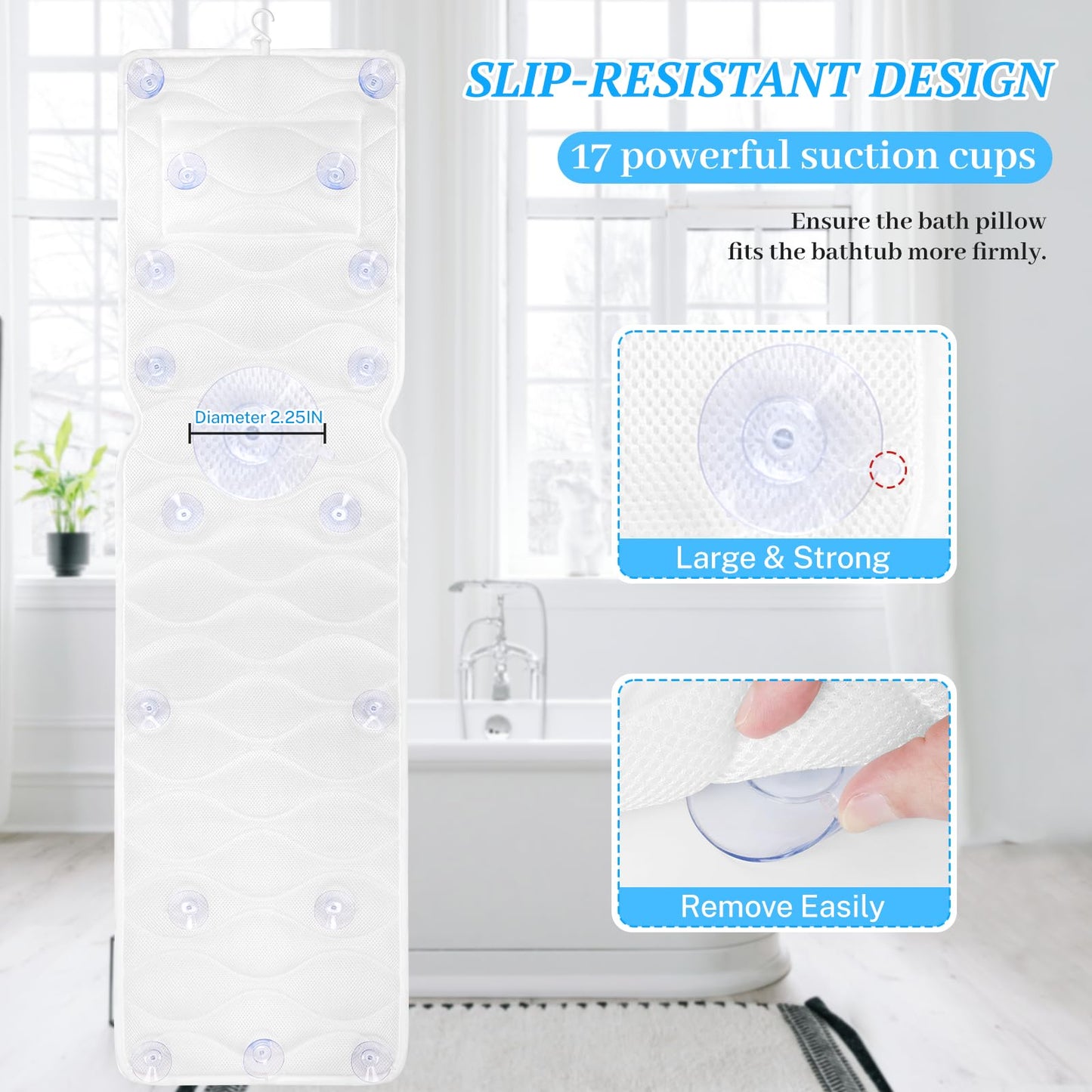 TranquilRelax Bath Pillow for Tub with Laundry Bag & 17 Non-Slip Suction Cups, Extra Thick and Soft Bathtub Pillow for Head, Neck & Shoulder Support, 56" x 16" White