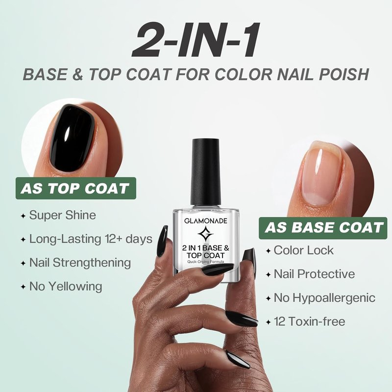 Glamonade Clear Base Top Coat Nail Polish - 2 in 1 Quick Dry, High Shine, Long Lasting | Color Protection & Smudge Resistance