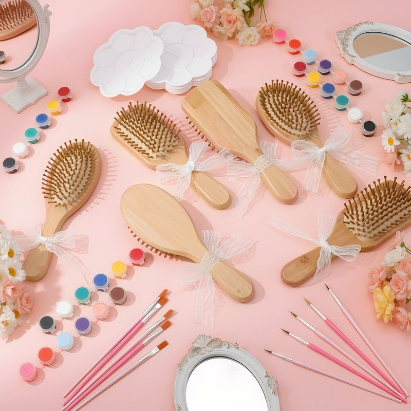 Acellegic 12 Set Bamboo Hairbrush Painting Kits Bulk Hand Painted Crafts for DIY Wooden Hairbrush Girls Hand Painted Make Your Own Night Party Supplies with Paint Brush and Palette
