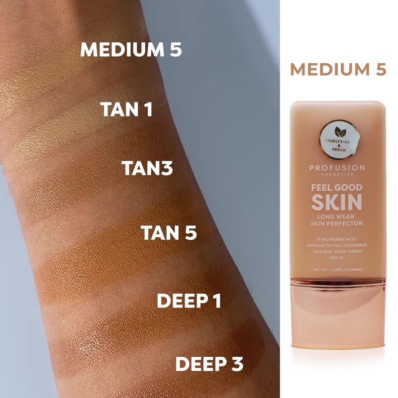 Profusion Cosmetics Lightweight Liquid Foundation - Flawless Radiance, Breathable Vegan Makeup for Uneven Skin Tone | Medium 5