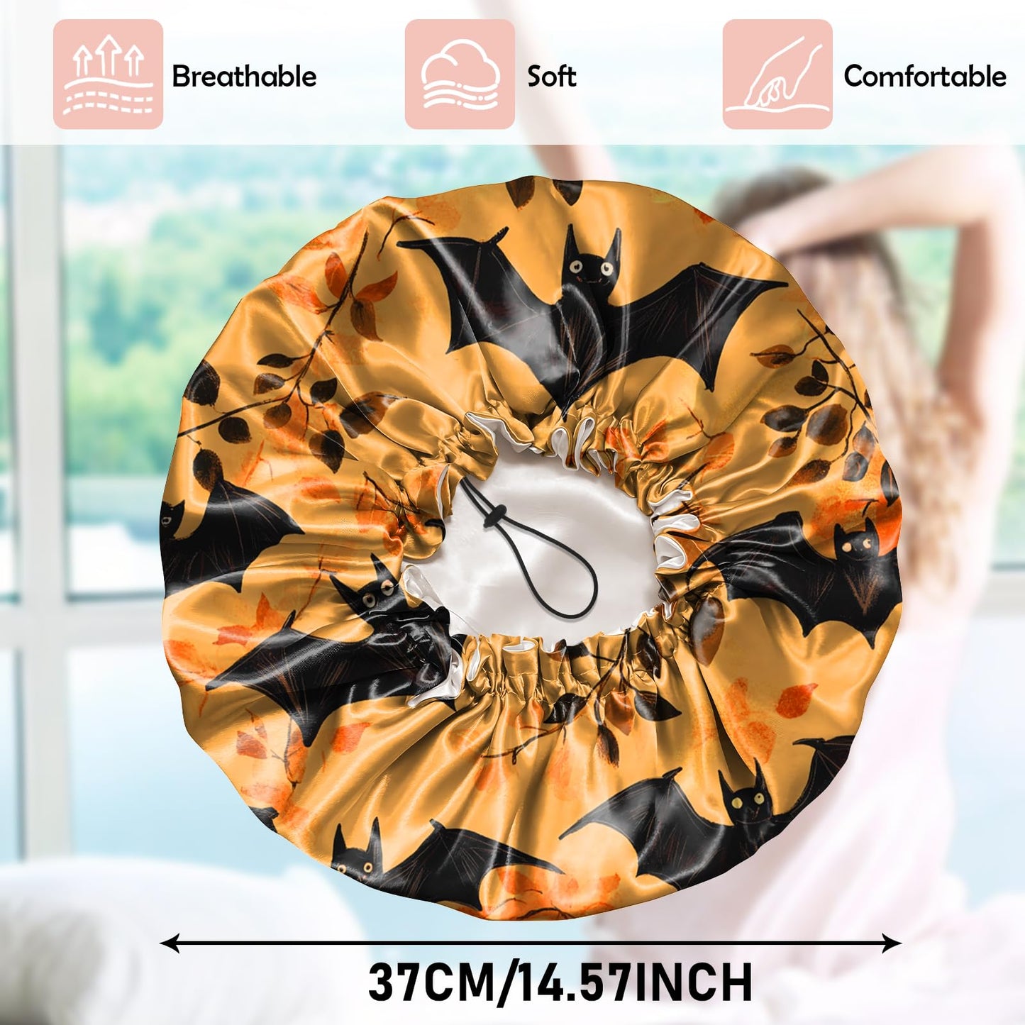 Cabreche Luxury Shower Cap Satin Silk Lined Adjustable Elastic Reusable Waterproof Shower Bath Cap Cute for Women Girls-Orange Bat