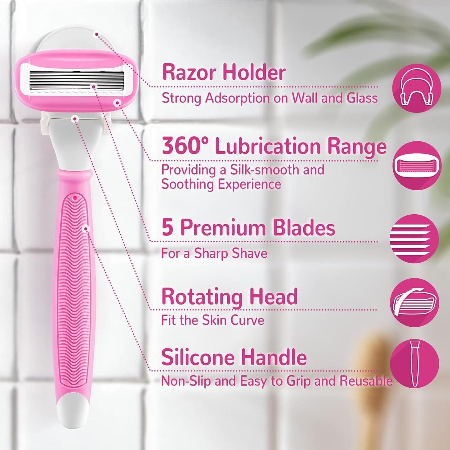 Women's Razors - 5 Premium Blades with Non-Slip Handle & Shower Holder | Pink, 360° Lubrication for Smooth Shaving