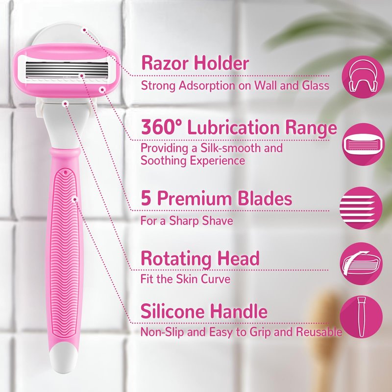 Razors for Women Include 2 Non-Slip Handles and 14 Blade Refills with a Shower Holder, 5 Premium Blades Women's Razors for Shaving with 360° Lubrication Reduces Irritation, Pink