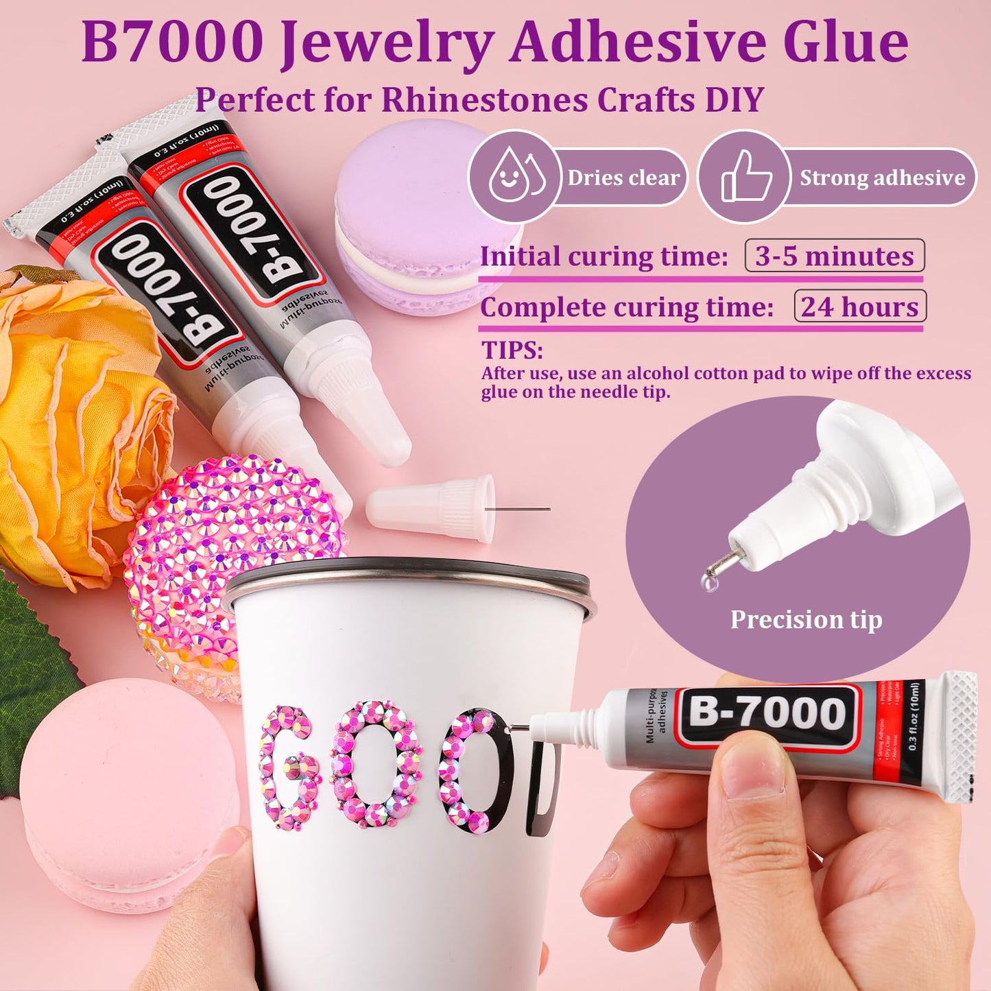 Skiennix Resin Jelly Rhinestones - Hot Pink AB Flatback Crystals with 3Pcs B7000 Jewelry Glue for DIY Crafts