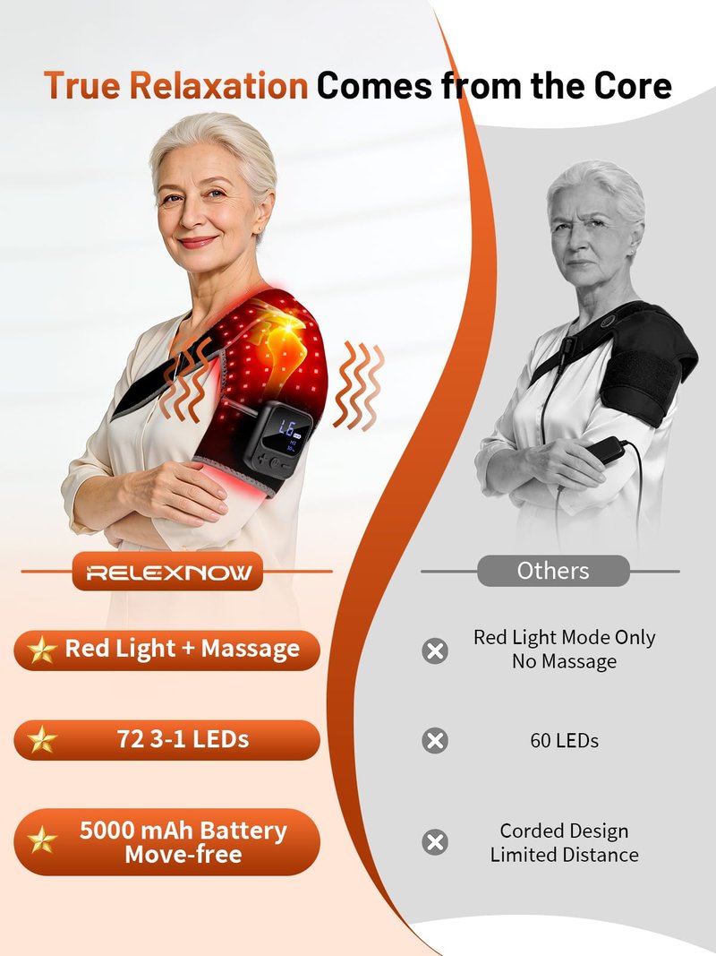 RELEXNOW Upgraded Cordless Red Light Therapy for Shoulder with Massage– 5000mAh Rechargeable Near-Infrared Light Shoulder Brace Wrap with Heat & Vibration Massager for Left & Right Shoulders
