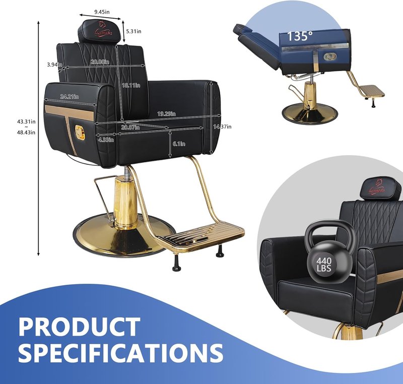 Ergonomic Reclining Barber Chair - Heavy-Duty Hydraulic Styling Seat | 550 LBS Capacity, Removable Headrest, Black