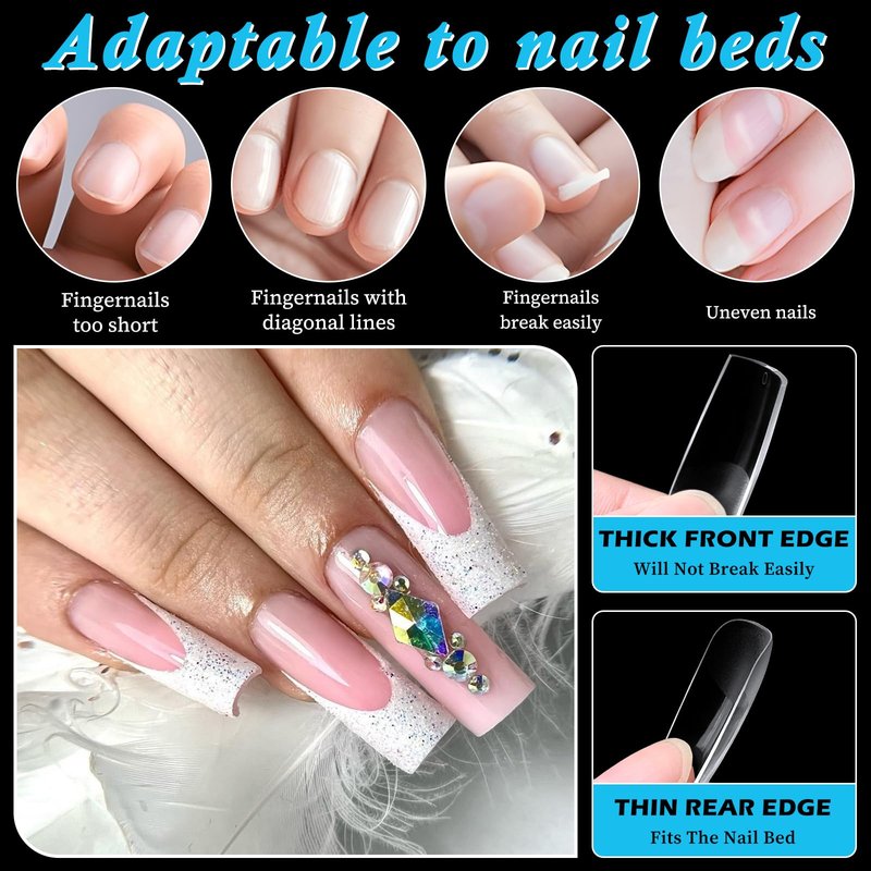 300pc Long Square Nail Tips, Soft Gel Nail Tip Square Long Fake Nails Artificial Fingernail, 15 Sizes Full Cover Clear Press on Nail Acrylic Nails Tips for Nail Extensions, Press on Nails Making