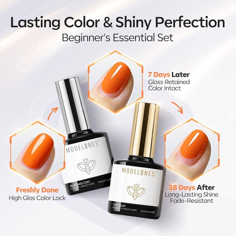 Gel Nail Polish Top & Base Coat Set - 15 ML Silky Base & Glossy Top Coat | No Wipe High Shine for DIY Manicure