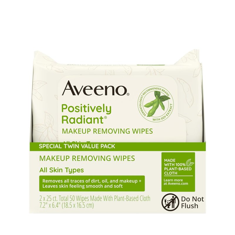 Aveeno Makeup Remover Wipes - Oil Free, Alcohol Free, Gentle Cleansing for Sensitive Skin | Twin Pack, 2 x 25 Ct