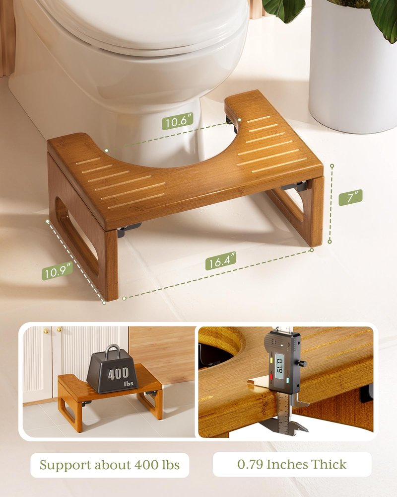 AmazerBath 7 Inches Bamboo Toilet Stool Squat for Adult, Foldable Squatting Potty Stool for Bathroom, 0.79" Thickness Poop Stool with Non-Slip Strip, No Assembly Required, Dark Wood Color