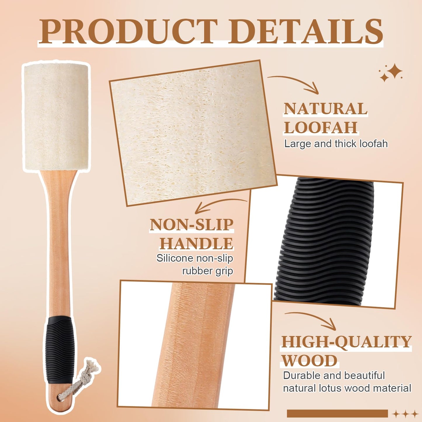Zhehao 2 Pack Natural Loofah Back Scrubber with Long Handle for Men & Women, Non-Slip Grip, Hanging Rope, Gentle Exfoliating Shower Brush for Wet Use, Spa, Bath & Back Cleaning