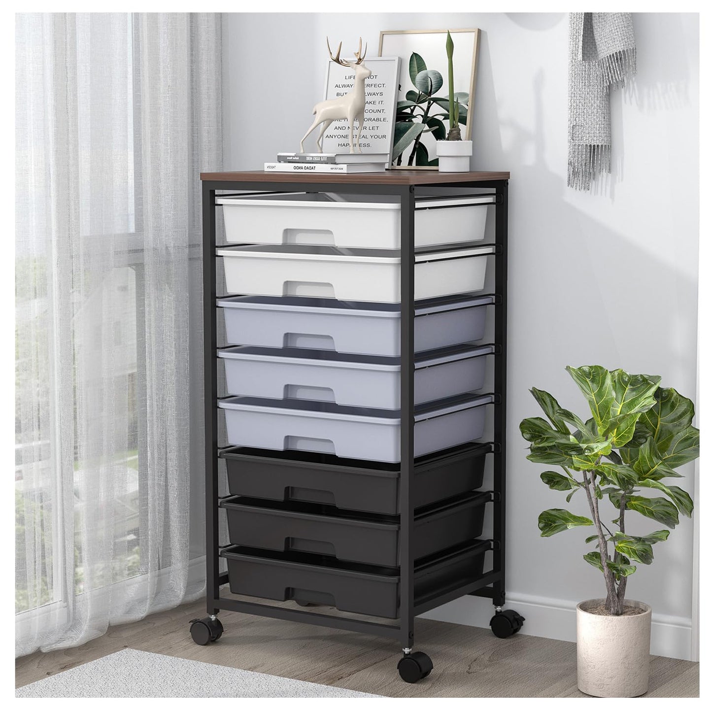 SYKIARIOL Rolling Cart with Drawers,Utility Cart With 8 Drawers and Wooden Tabletop for Living Room,Classroom,Bedroom,Bathroom,Dorm,Office,Dark Grey