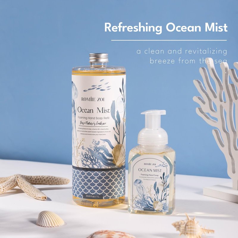 ROMIIE ZOI Hand Soap Refills, Foaming Hand Soap Natural Plant Moisturizing Handsoap Fragrance Ocean Mist - Soft Hand Wash for Kitchen & Bathroom - with Foam Soap Dispenser 1L/33.8oz Pack 0f 3