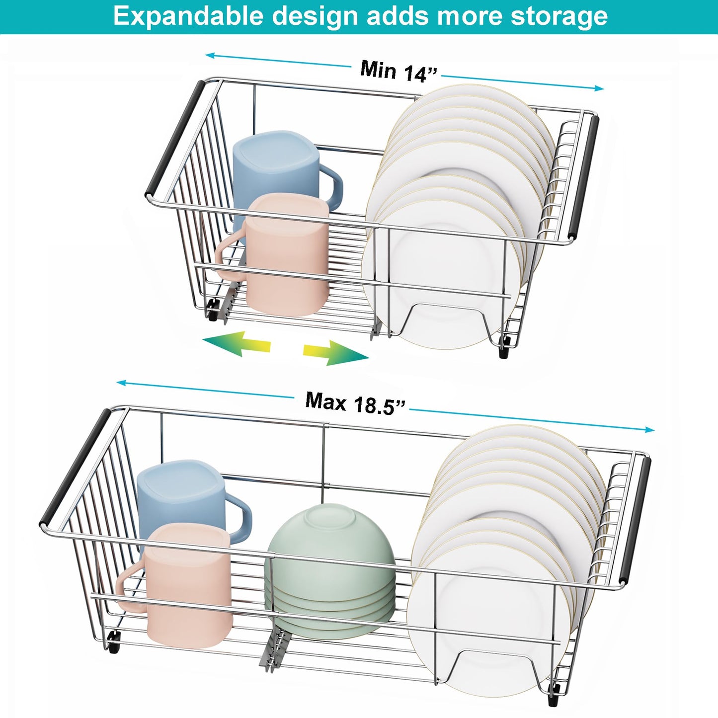 iPEGTOP Capacity Expandable Over Sink Dish Drying Rack, Multifunctional Adjustable (14"-18.5") Rustproof Stainless Steel Dish Drainer Organizer Shelf with Utensil Holder for Kitchen Counter Sink