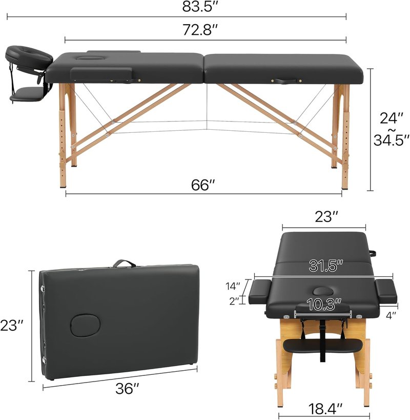 Portable Massage Table - 2 Section Foldable Tattoo Bed | Height Adjustable Lash Spa Bed with Face Cradle - Black
