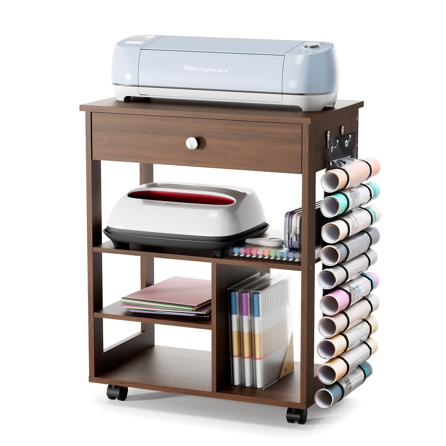 Yumkfoi Organizers and Storage Compatible with Cricut Machines, Rolling Craft Storage Cart with 10 Vinyl Roll Holders, Crafting Table Organization Workstation Desk Cabinet for Craft Room Home