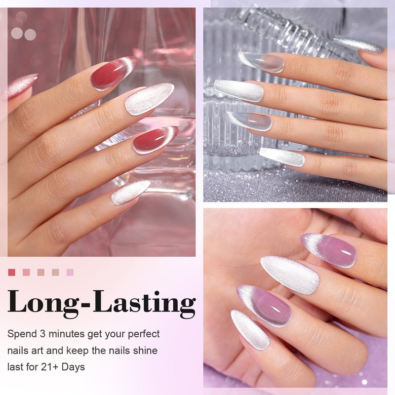 RARJSM Cat Eye Gel Nail Polish Set 6 Pcs Magnetic Sparkle Diamond Glitter Nude Pink Light Purple Red Silver Sheer Pink Velvet Ice Jelly Gel Polish with Magnet Stick UV LED Curing Requires Soak Off