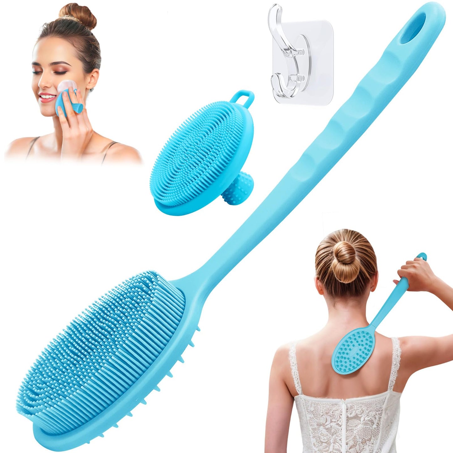 GEENOA Back Scrubber for Shower, Gentle Silicone Body Scrubber, Soft Silicone Loofah with Handle, Back Brush Bath Brush with Detachable Brush Head.