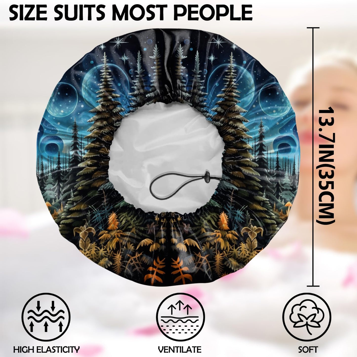 Zewurtuw 2 PCS Shower Cap Adjustable Reusable Double Waterproof Layer Elastic Hair Bath Cap Cute Aesthetic for Women Girls-Mushrooms Cat