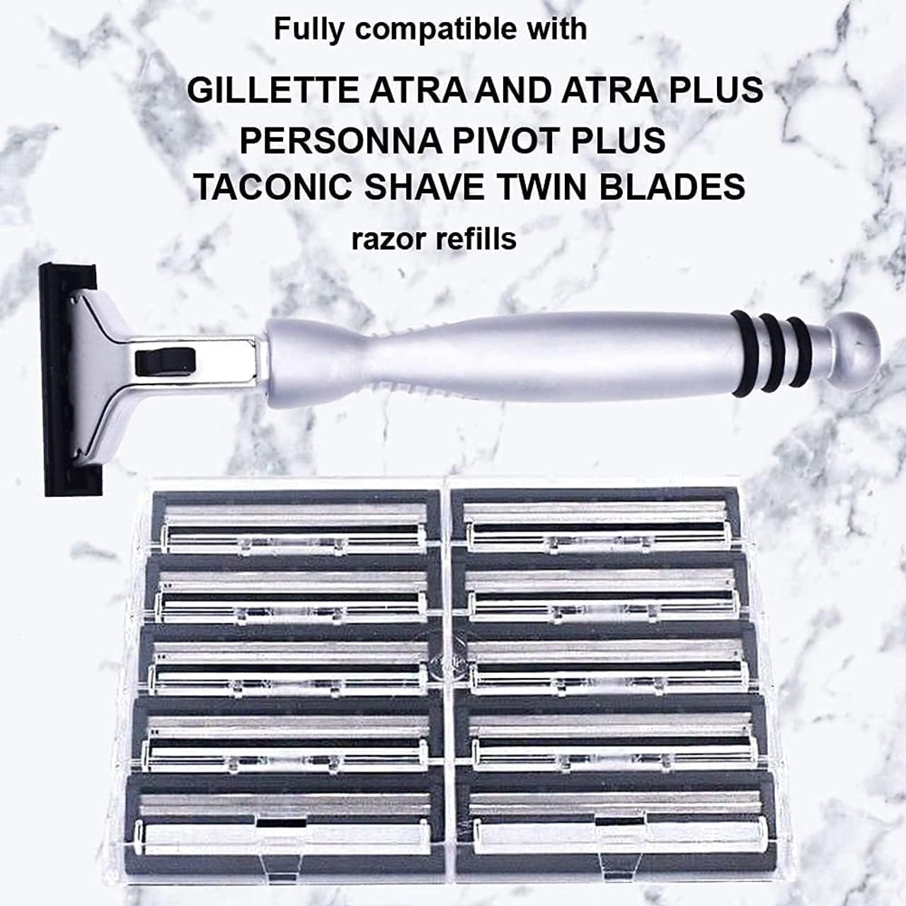 Taconic All‑Metal Heavyweight Chrome Razor – Gillette® Atra-Compatible Twin Blade Handle with 10 Pivot Plus Personna Blades, Ergonomic Grip, Durable Design