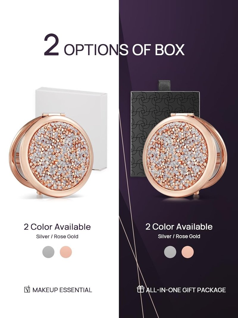 OMIRO 1X/10X Magnifying Compact Mirror,Gift for Women Small Unique Get Well Soon Gift for Her Girlfriend Wife Mom Best Friend Sister Coworker (Silver, Mixed Diamon)