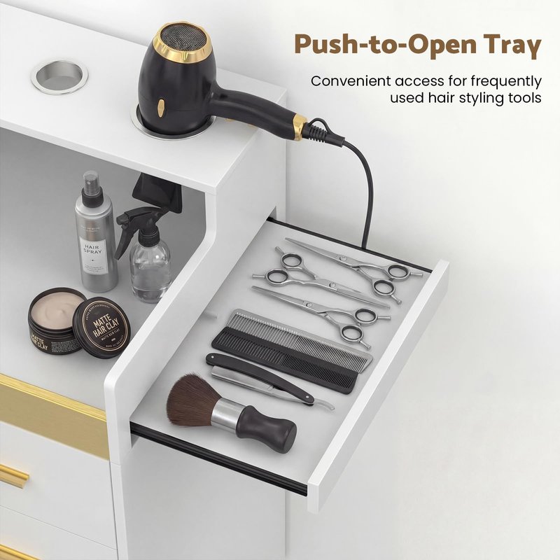 Oakvera Salon Station for Hair Stylist, Barber Station Salon Storage Systems with 3 Hot Tools Holders, a Tray, a Large Storage Cabinet & 2 Drawers for Barbershop, Beauty & Nail Salon, White