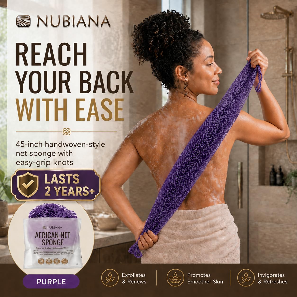 Nubiana African Net Sponge Authentic with Knots, 45 Inch Handwoven Nigerian Exfoliating Body Sponge with Handles, Quick-Drying Nylon Mesh Body Scrubber, Reusable Bath Sponge (Purple)