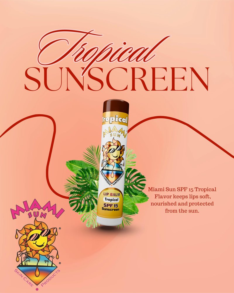 Miami Sun SPF15 Tropical Flavor Sunscreen Lip Balm, offers essential UVA/UVB protection, shield lips from sun exposure, moisturizes and softens lips with the coconut oil and sunflower oil (2 pcs)