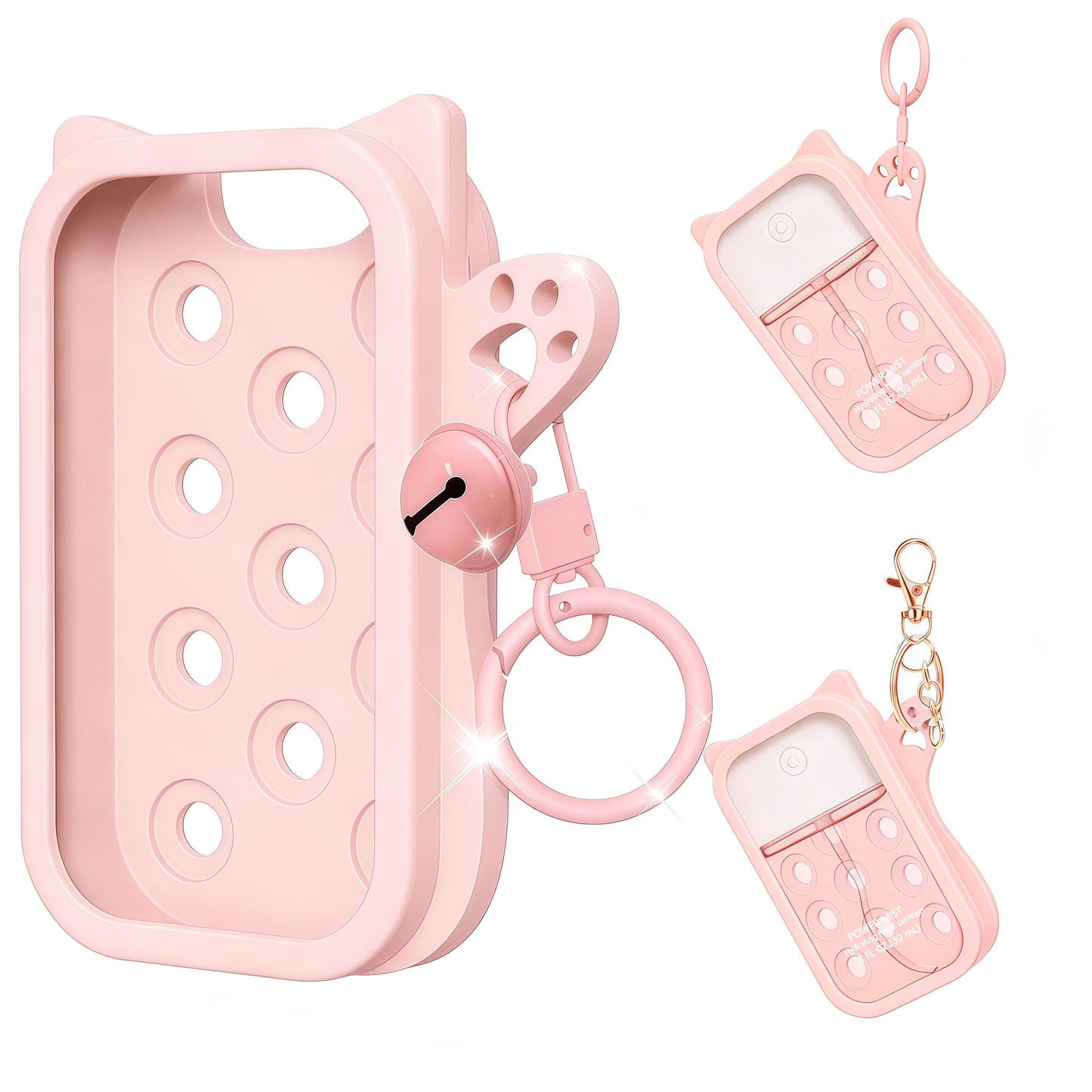 PeaKalo Cat Silicone Case for Touchland Hand Sanitizer Spray, Compatible with Power Mist Glow Mist 1 FL OZ/30ML for Touchland Case with 2 Keychains Cute Bell Portable Travel Accessory
