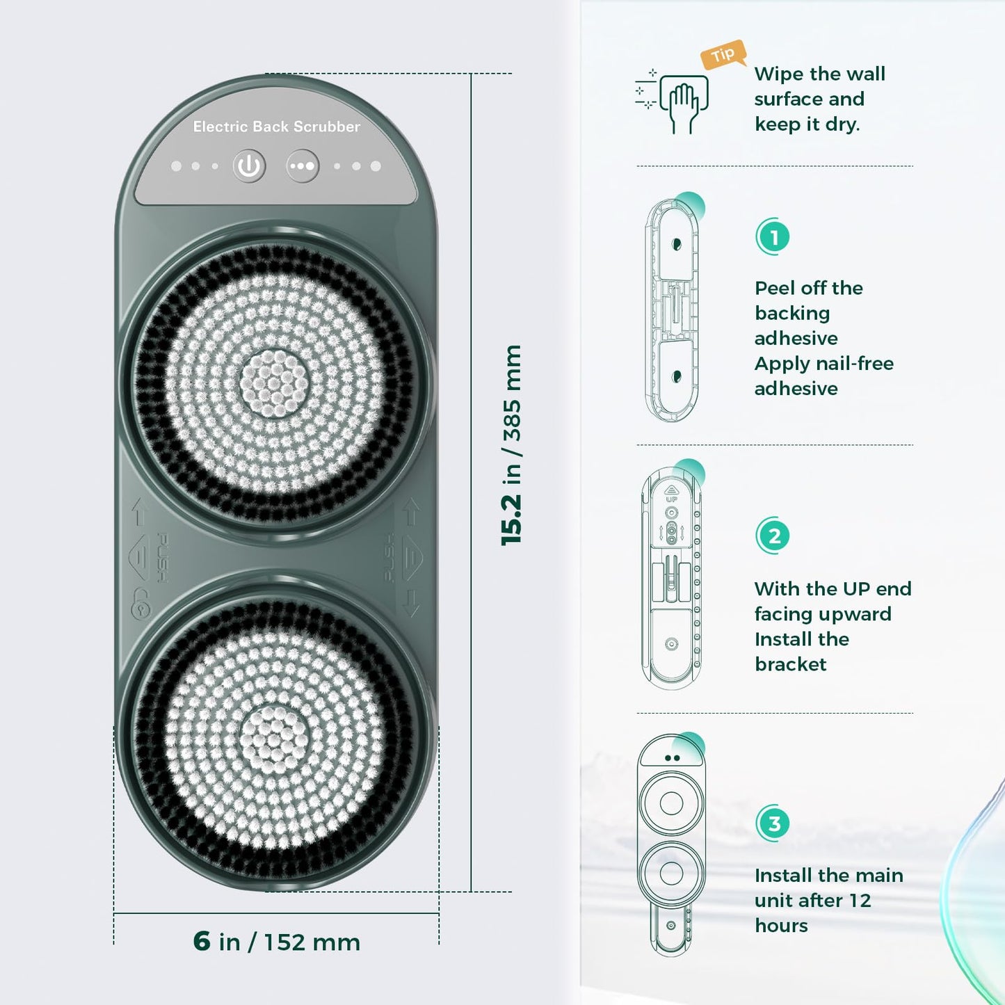 Electric Back Scrubber for Shower - Wall Mounted Exfoliating Brush, Hands-Free Automatic Body Scrubber, 3-Speed Adjustment with 2 Spin Skin Bath Brush Heads,IPX7 Waterproof