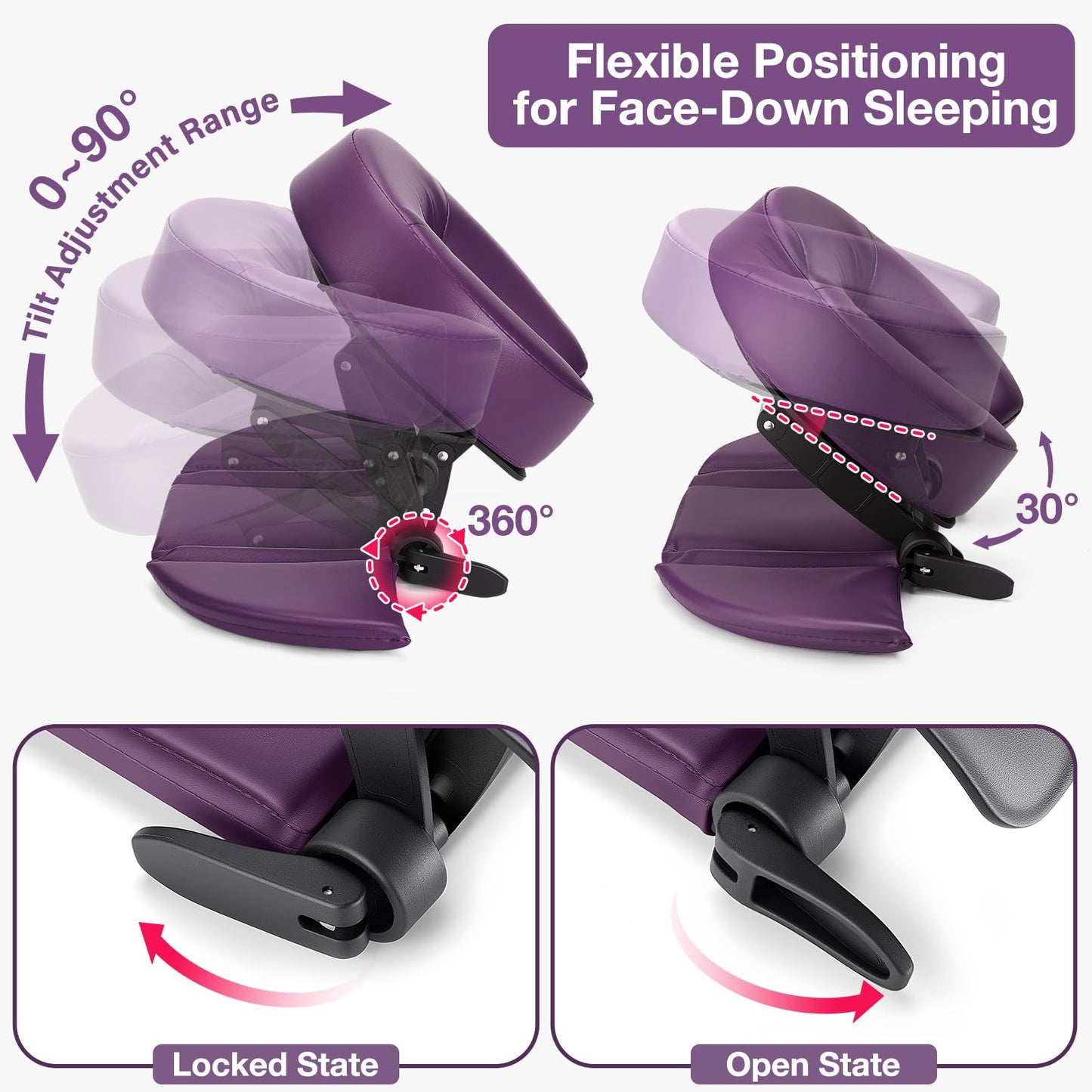 Udefineit Face Down Tabletop Massage Kit, Adjustable Headrest Face Cradle with Hand Rest Pad, Universal Desktop Home Mattress Massage Cradle with Soft Pillow for SPA Chair Bed Office Desk - Purple