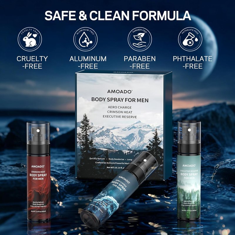 Men’s Body Spray Set - Deodorizing Body Mist & Aluminum-Free Cologne | Oriental & Woody Scents, 3.4 fl oz Each