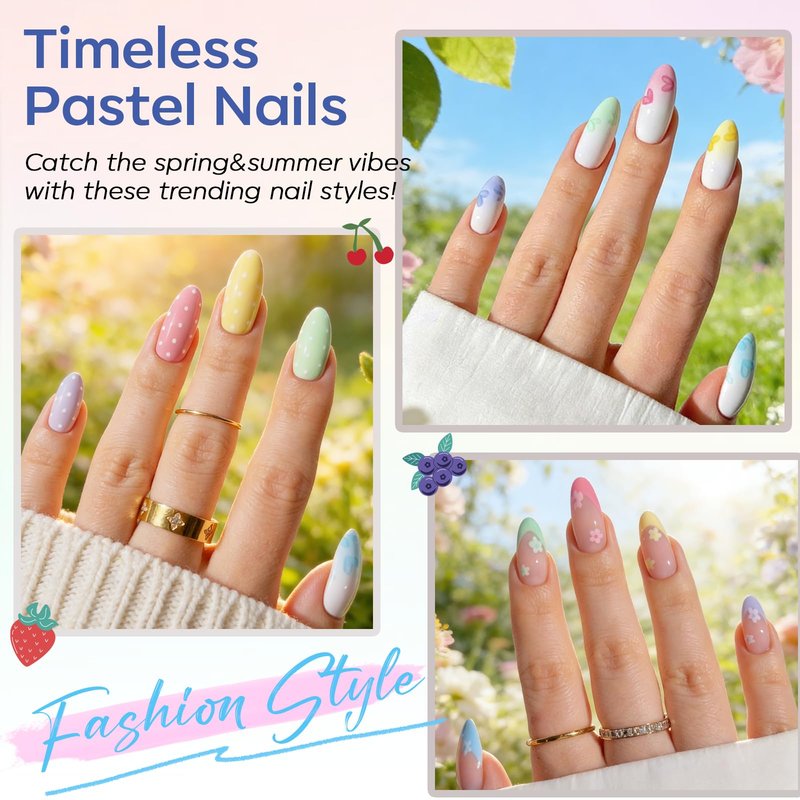 modelones Pastel Gel Nail Polish Set, Hema Free 2026 Spring Summer Macaron Gel Polish Set Light Pink Pastel Yellow Purple Baby Blue Green 6 Colors Nails with Fruit Theme Stickers LED Mani Gift