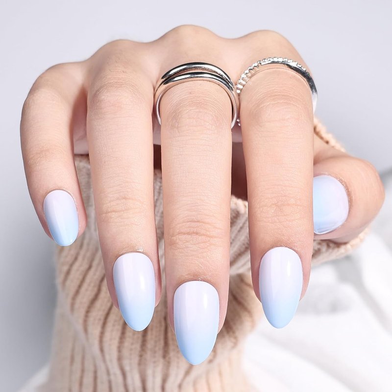 Ombre Press On Nails - Blue Almond French Tip Set | Reusable Fake Nails Kit with Glue, 32 Nails in 16 Sizes