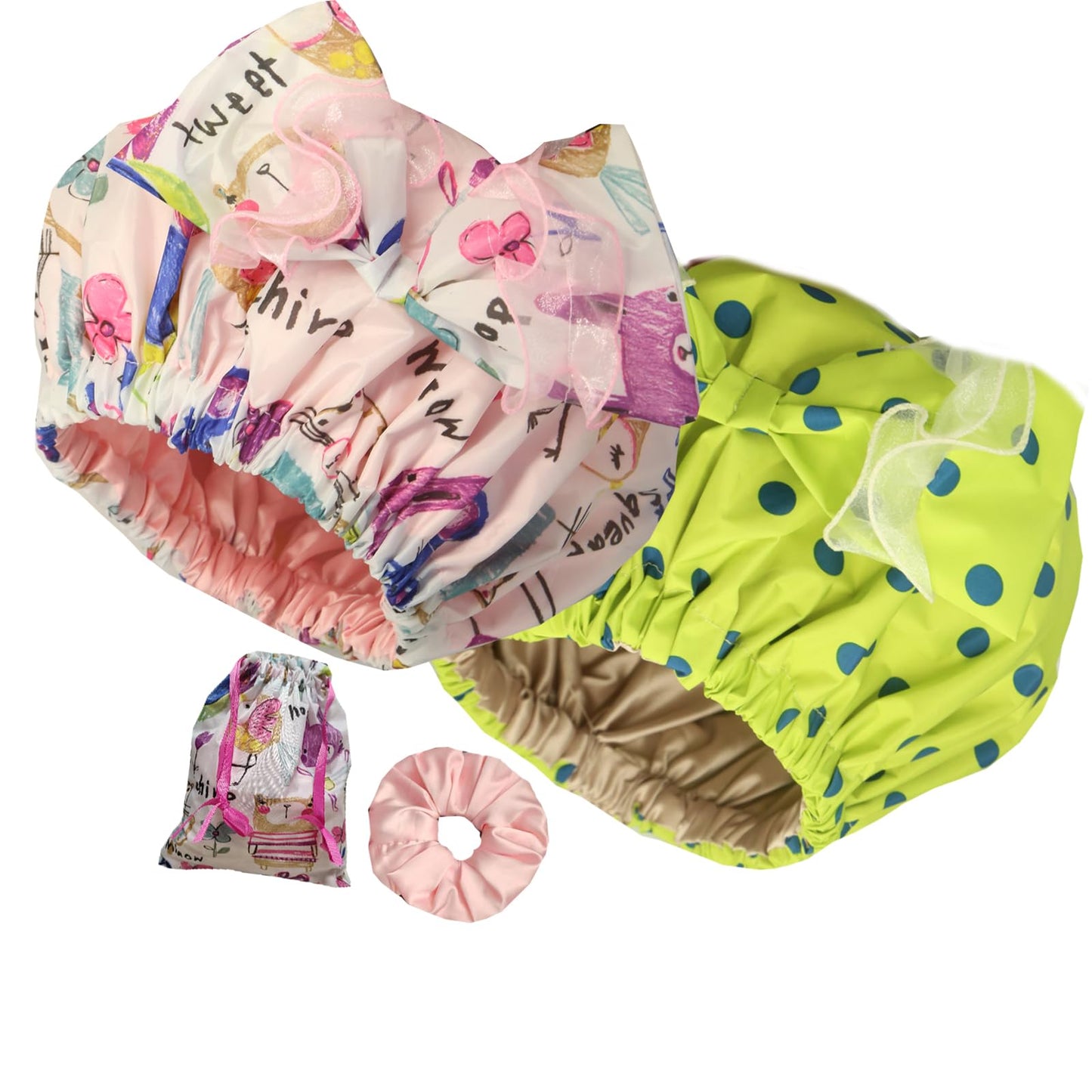 Genergy 2pcs Shower Cap for Women,Including Travel bag and Scrunchy. Frizz-Free Silky Liner, Waterproof Reusable Large Bath Bonnet for Short and Long Thick Hair, Soft Adjustable Elastic, Non-slip.