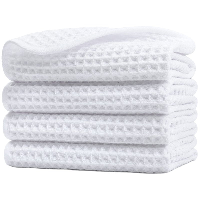 POLYTE 430 GSM Microfiber Lint Free Washcloth Face Towel, 13 x 13 in, 4 Pack (Waffle Weave)