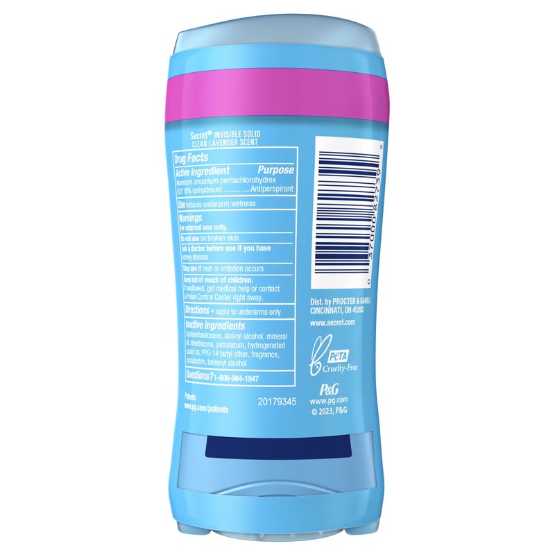 Secret Antiperspirant and Deodorant for Women, 24hr Sweat & Odor Protection, PH Balanced Protection, Gentle on Skin, Invisible Solid, Clean Lavender Scent, 2.6 oz (Pack of 2)