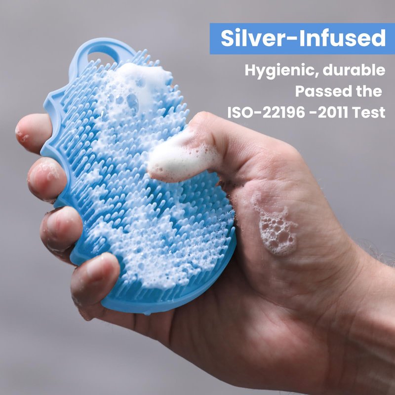 iTokGok Silicone Body Scrubber Silver-Infused Dual-Sided 3-in-1 for Shower, Body Cleaning+Massage+Exfoliator Body Brush Buffer for Men and Women, Silicone Loofah, Non-Slip Handle (Sky Blue)