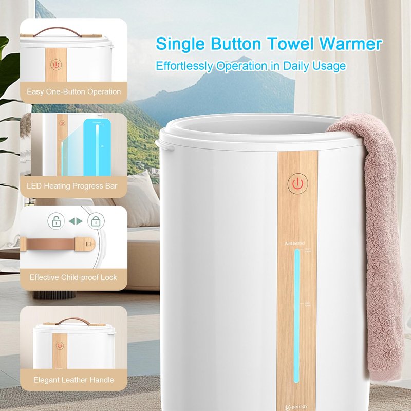 Keenray Towel Warmer for Bathroom, Towel Warmer Bucket with Heating Progress Bar, Fragrance Disc Holder, Leather Handle, Auto Shut-Off Towel Bucket Fits Up to Two 40" x 70" Towels, Blankets White