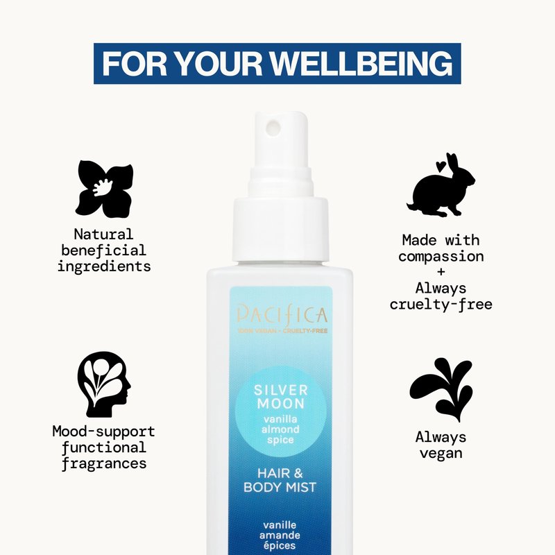 Pacifica Hair Perfume & Body Fragrance Spray Mist - Silver Moon with Vanilla, Almond & Spice – Alcohol-Free, Vegan & Cruelty-Free, 6.5 oz