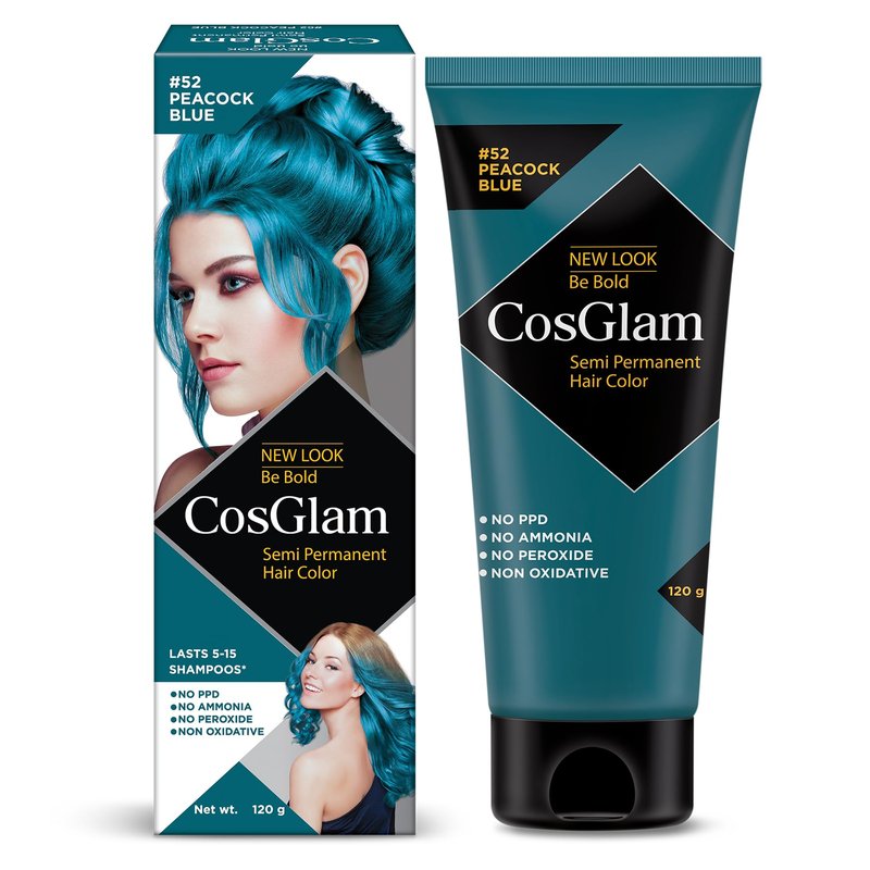 Cosglam Semi Permanent Hair Color for Women & Men, (120g, #52 Peacock Blue) Enriched with Conditioner, Glossy Finish, No Ammonia, No Peroxide & Non Oxidative, Vegan Highlights Colorful Hair Dye