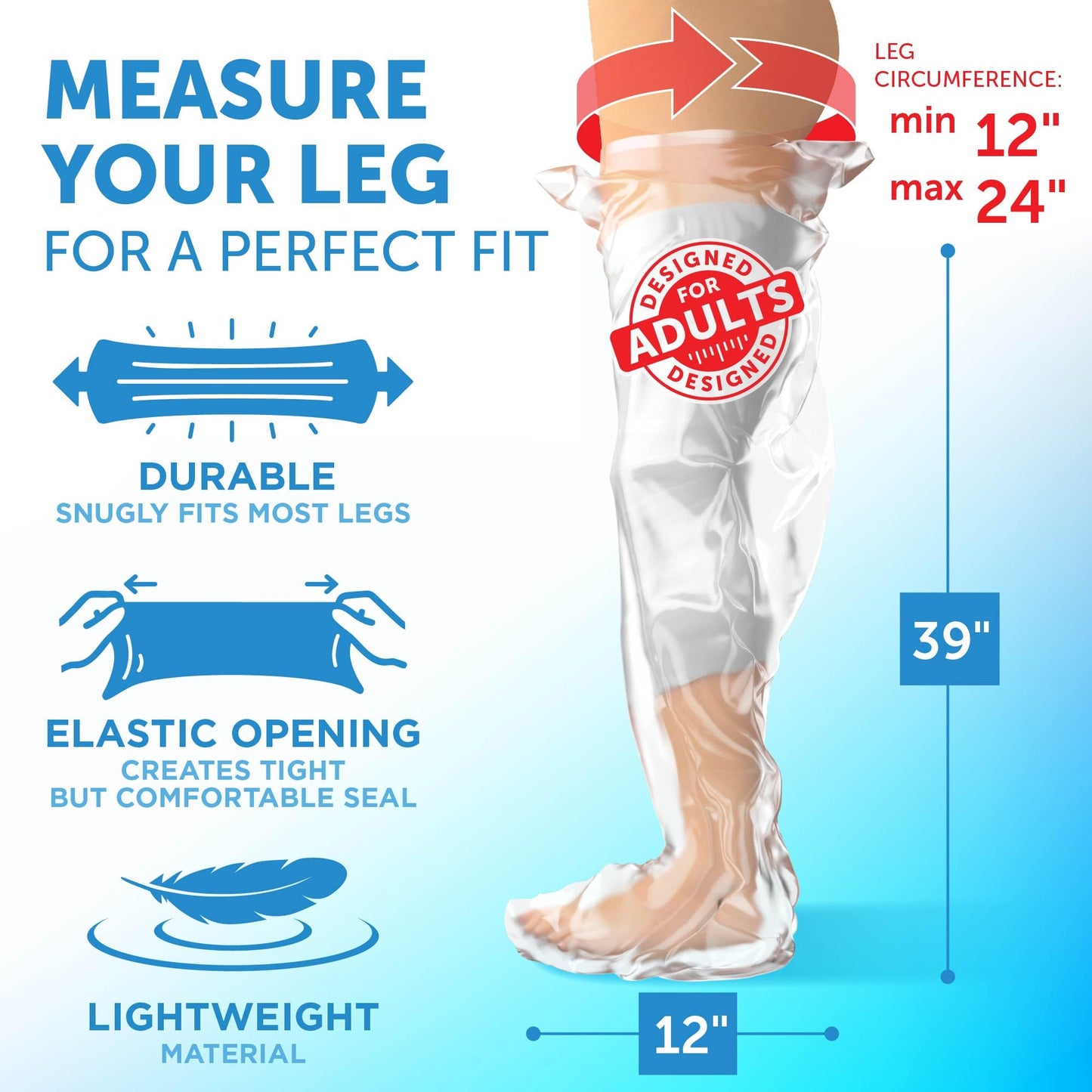100% Waterproof Cast Covers for Shower Leg - 2pk - Tight Seal - Reusable Adult Full Leg Cast Protectors - Thigh, Knee, Ankle, Foot - After Surgery Bandage and Dressing Shower Bag - Long Size